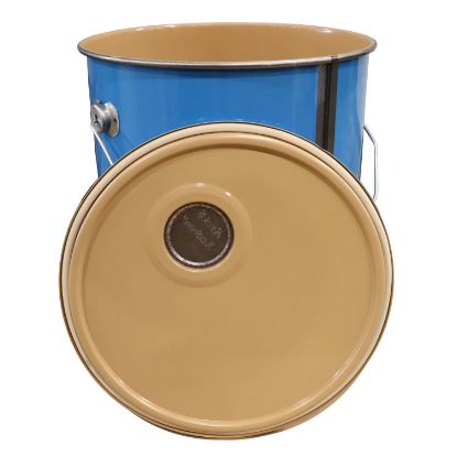 Picture of 5 Gallon Blue Open Head Steel Straight Side Pail, No Bead, CWL, Buff Epoxy Phenolic Lining, w/ Cover Rieke Prep, White Tube Gasket