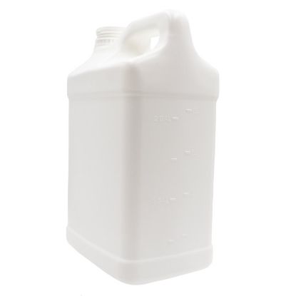 Picture of 2.5 Gallon White HDPE Plastic F-Style Trimline Bottle, Level 5 Fluorination, 350 Gram, 63 mm Neck Finish, Graduation Marks, Tamper Evident and Anti Back Off