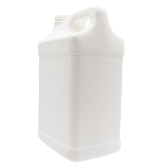 Picture of 2.5 Gallon White HDPE Plastic F-Style Trimline Bottle, Level 5 Fluorination, 350 Gram, 63 mm Neck Finish, Graduation Marks, Tamper Evident and Anti Back Off
