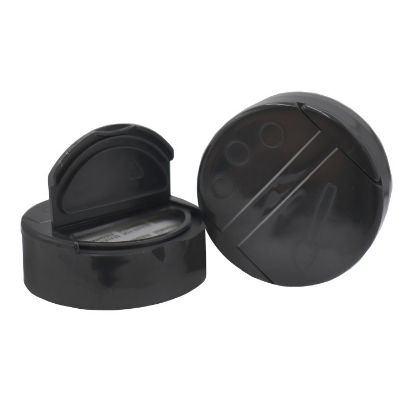 Picture of 53 mm, 53-485 Black PP Plastic Dual Dispensing Flip Top Cap, 3 Hole, .300 Pour, w/ PS113 Liner