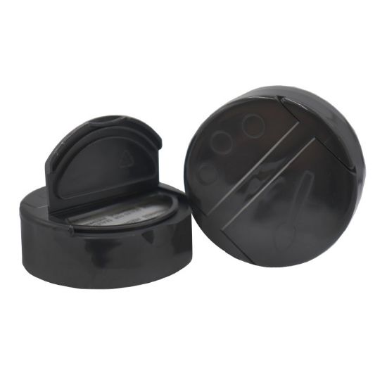Picture of 53 mm, 53-485 Black PP Plastic Dual Dispensing Flip Top Cap, 3 Hole, .300 Pour, w/ PS113 Liner
