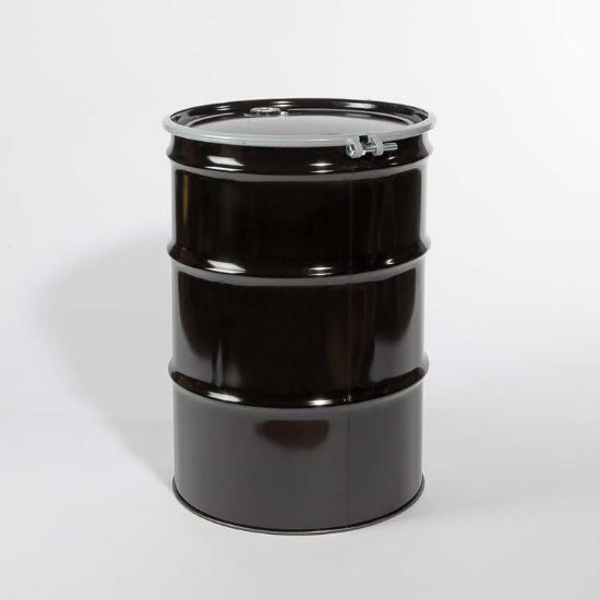 Picture of 55 Gallon Steel Black Open Head Drum, Epoxy Phenolic Lining, Black Cover, EPDM Gasket,  w/ 2" & 3/4" Fittings, Bolt Ring, UN Rated