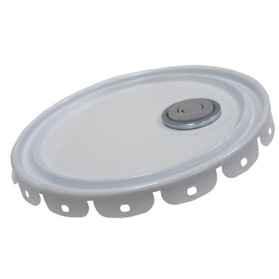 Picture of 5 GALLON WHITE RED PHENOLIC STEEL LUG COVER, 26 GAUGE, RIEKE FITTING