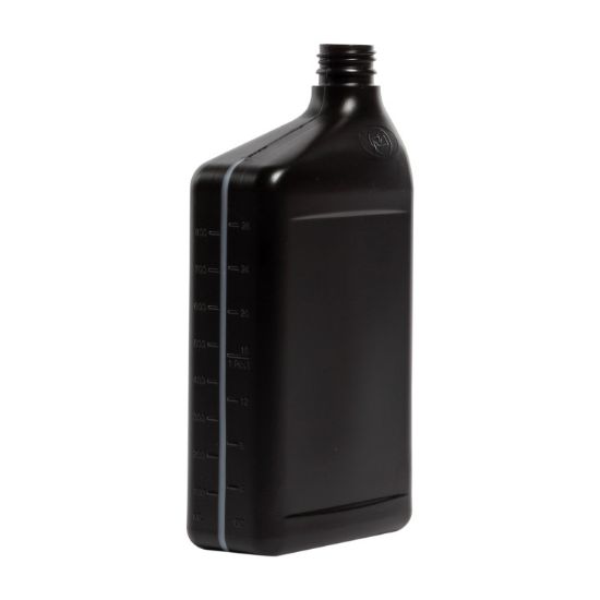 Picture of 32 oz Black HDPE Plastic Oil Bottle with View Stripe, 28 mm Drop-loc, 50 Gram