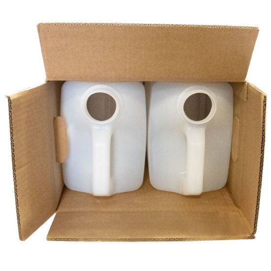 Picture of 2.5 Gallon Natural HDPE Plastic F-Style Bottle, 63mm 63-485, 2 x 1 White Reshipper Box w/ Hand Holes, UN Rated