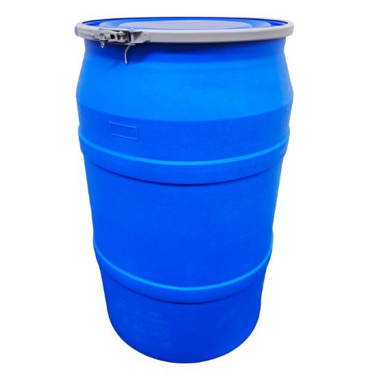 Picture of 55 Gallon Blue HDPE Plastic Open Head Drum, w/ Blue Cover, No Fittings, Lever Lock Ring, w/ Neck In, UN Rated