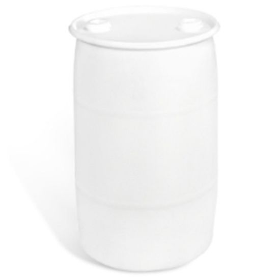 Picture of 30 Gallon White Plastic Tight Head Drum, 2" Buttress & 2" NPT, Palletized & Wrapped, UN Rated