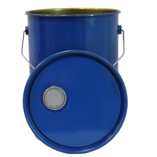 Picture of 5 Gallon Blue Straight Sided Open Head Steel Pail, Phenolic Lined, Blue Cover, Neoprene Gasket, No Bead, Steel Lever Lock Ring, UN Rated