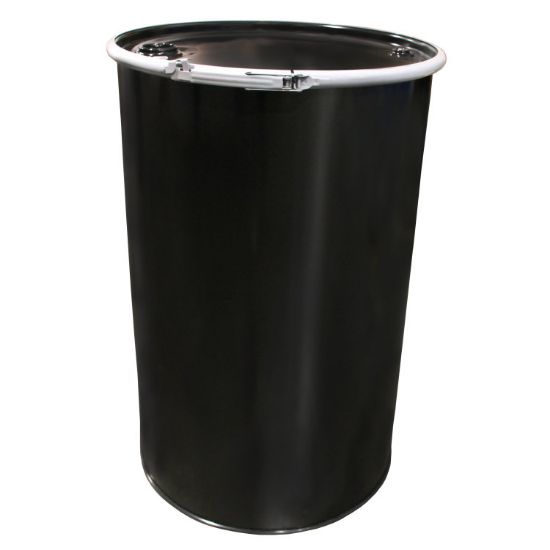 Picture of 55 Gallon Black Straight Side Steel Drum, Unlined, w/ Black Cover, 2" & 3/4" Nylon Fittings, Lever Lock, UN Rated