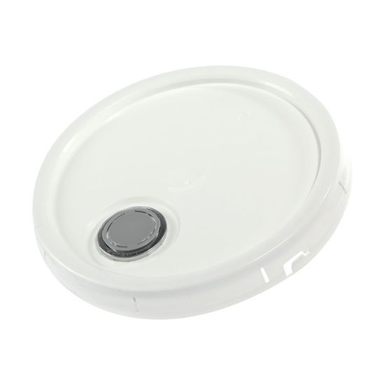 Picture of 3.5 - 6 Gallon White HDPE Plastic Tear Tab Pail Cover w/ Irradiated Self Vent Rieke Spout, Dust Cap
