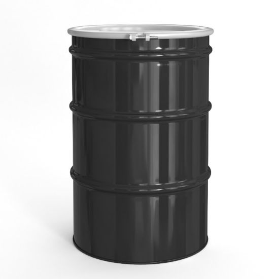 Picture of 55 Gallon Black Steel Open Head Drum, Buff Epoxy Phenolic Lined w/ White Cover 2" and 3/4" Fittings, UN Rated