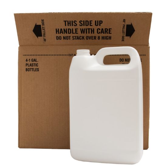 Picture of 128 oz (1-Gallon) White HDPE, 26% PCR, F-Style Bottle, 140 Gram, 38-400 Tamper Evident, 4x1, Kraft Box