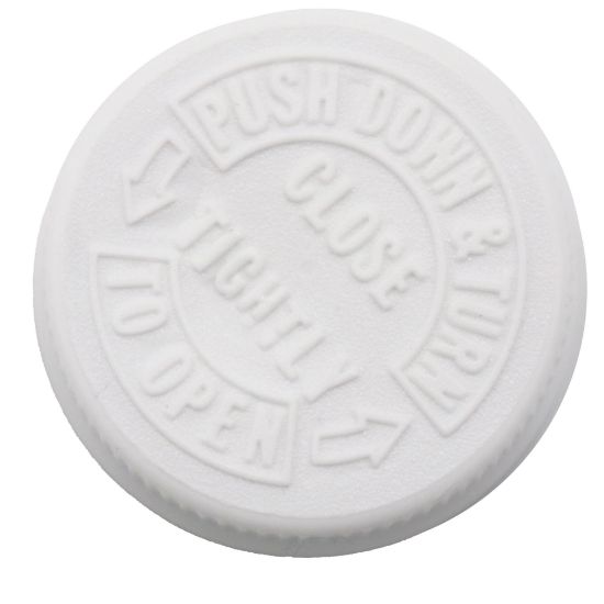 Picture of 1 1/4" Alpha White Plastic Overcap w/ Metal Innercap Child Resistant Cap, .060 Tri Foil, w/ F217 Liner