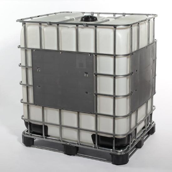 Picture of 330 Gallon New IBC Tote, Natural Bottle, 6" Cap w/ Santopreme Gasket, 2" Ball Valve w/ EPDM Gasket, Steel Cage, Composite Pallet, 4 Poly Plates Vented Caps, Black Corners, UN Rated