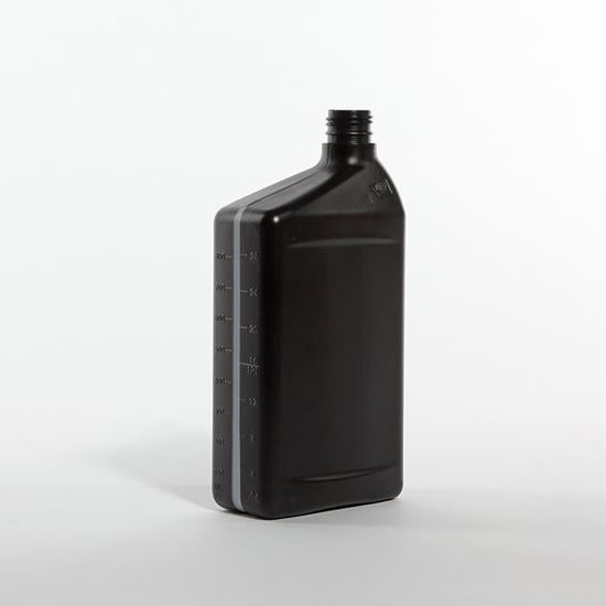 An oblong plastic bottle used to maximize shelf and shipping space.