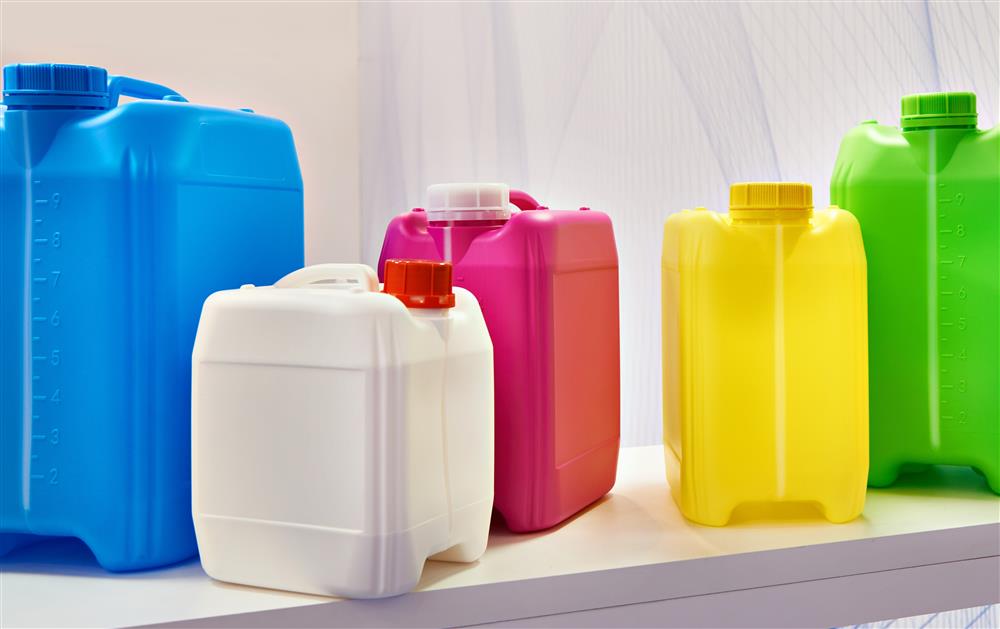Multiple plastic bottles in colors that sell products.