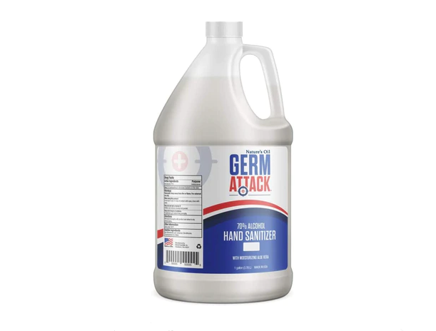 A one-gallon bottle of Natural Essentials’ Germ Attack Hand Sanitizer.
