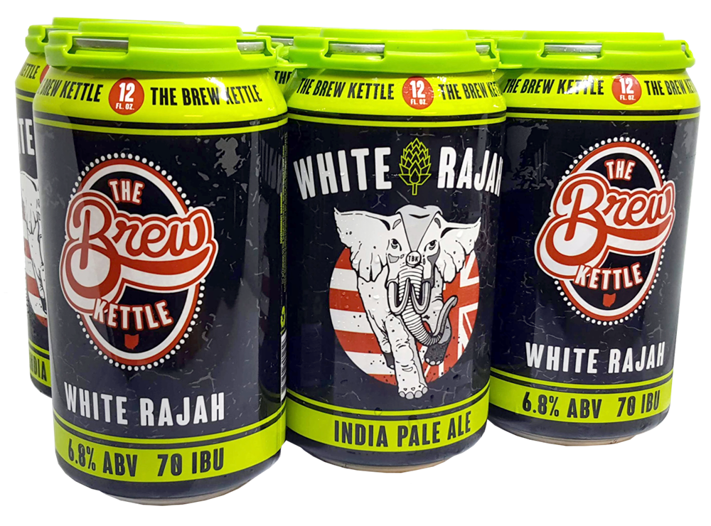 A six pack of Brew Kettle’s White Rajah made with cans secured by Pipeline Packaging during the can shortage.